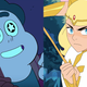 Steven Universe beaming at Princess Adora, a giant woman.